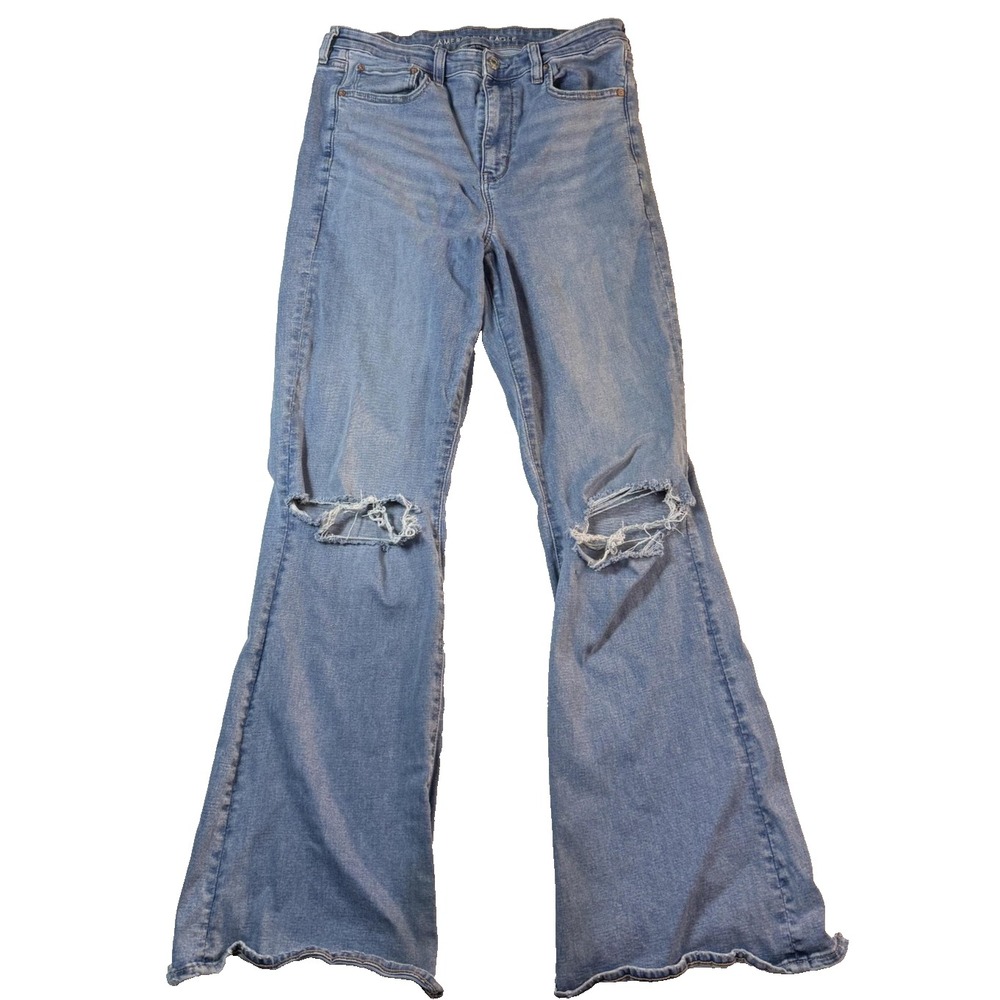 American Eagle Distressed Flare Jeans Womens 12 Low Rise Y2K Fader Grunge